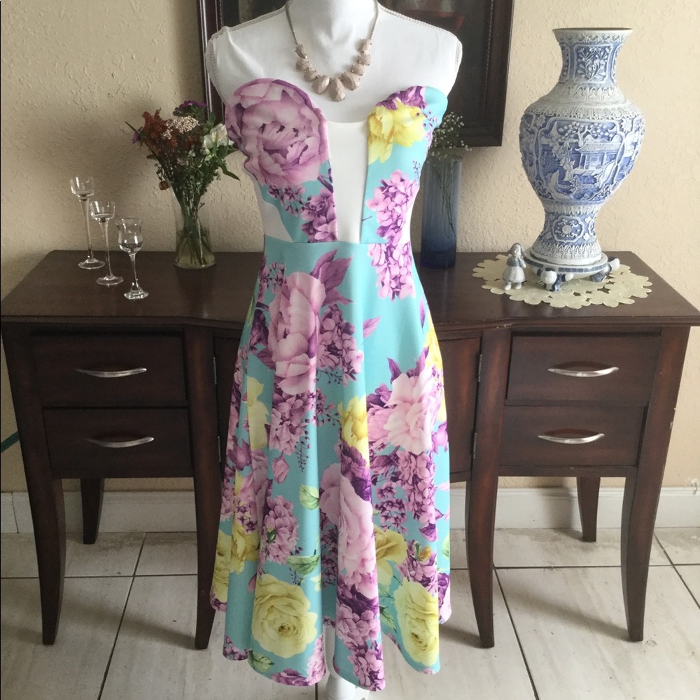 Blue and Purple Floral Midi Skater Dress